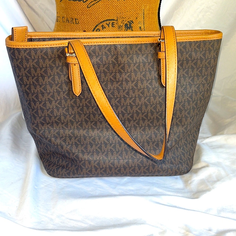 Michael Kors Brown and Tan Monogram Tote Shoulder Bag - Picture 2 of 11